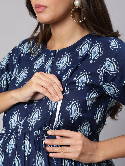 Women Navy Blue Printed Flared Maternity Dress | LASVINI - Redefining Indian Fashion with Elegance