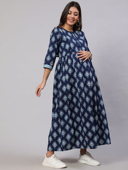 Women Navy Blue Printed Flared Maternity Dress | LASVINI - Redefining Indian Fashion with Elegance