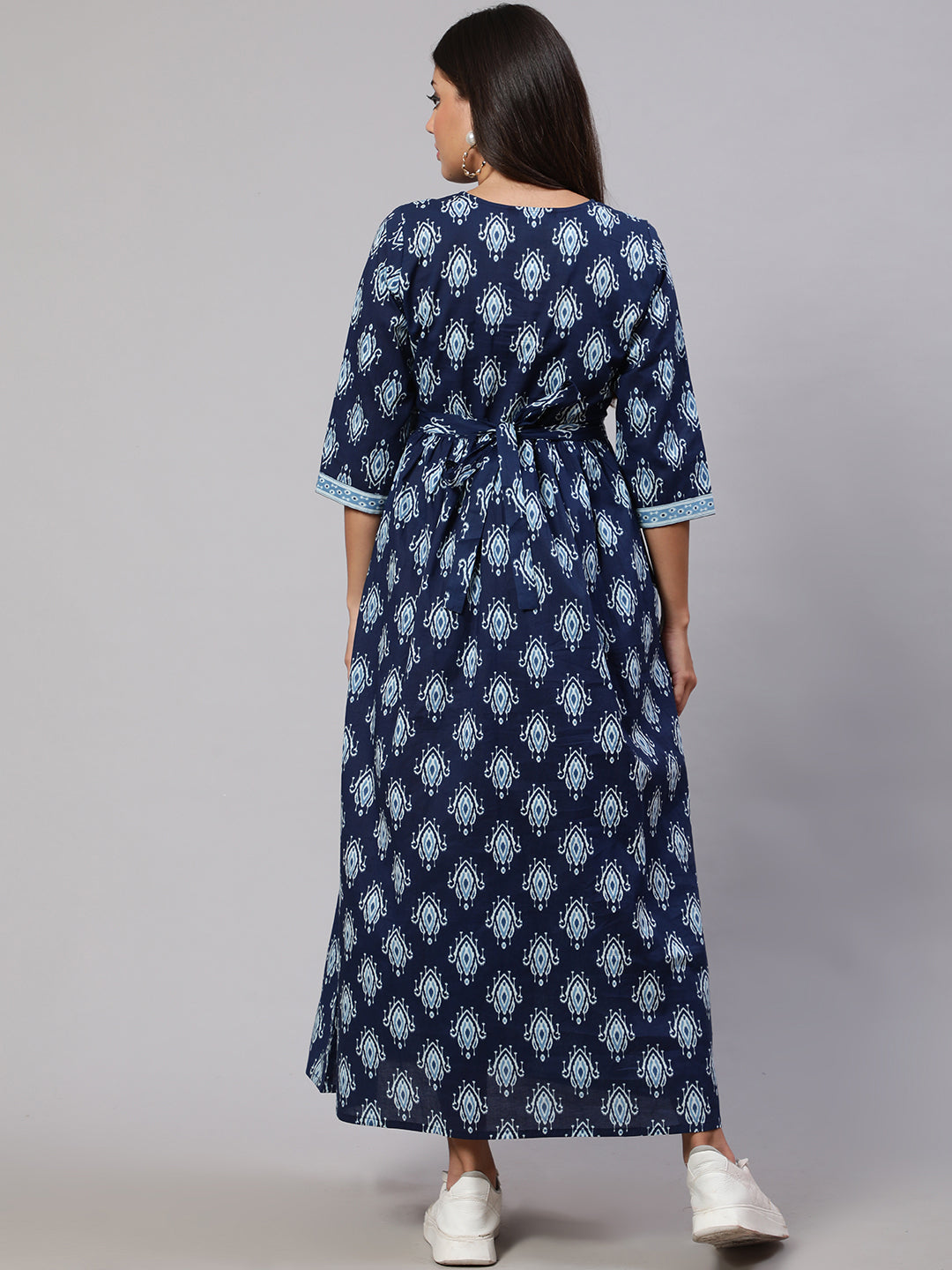 Women Navy Blue Printed Flared Maternity Dress | LASVINI - Redefining Indian Fashion with Elegance