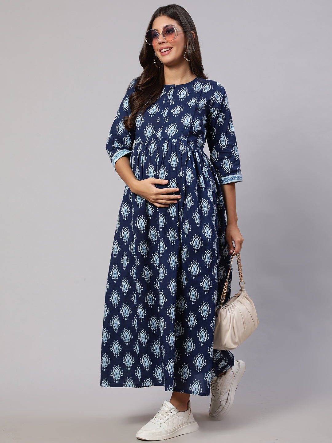 Women Navy Blue Printed Flared Maternity Dress | LASVINI - Redefining Indian Fashion with Elegance
