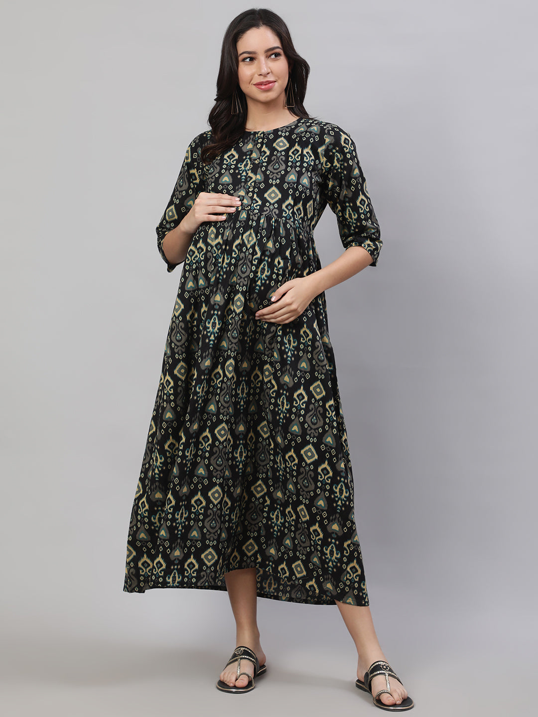 Women Black Printed Flared Maternity Dress | LASVINI - Redefining Indian Fashion with Elegance