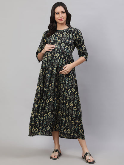 Women Black Printed Flared Maternity Dress | LASVINI - Redefining Indian Fashion with Elegance