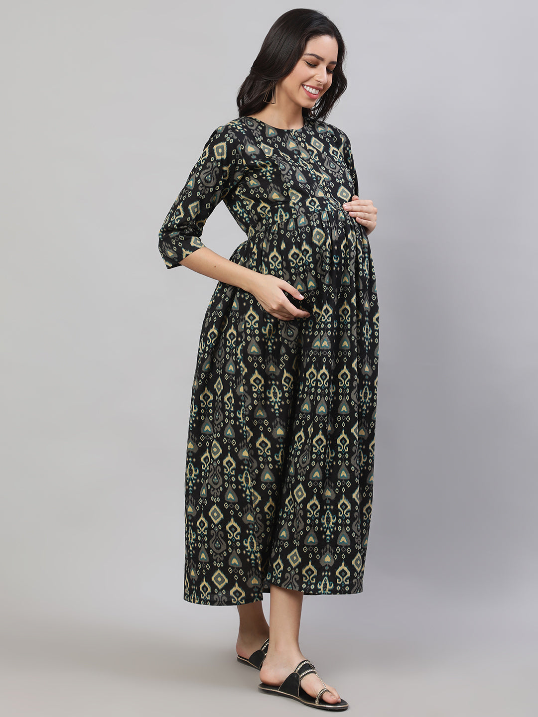 Women Black Printed Flared Maternity Dress | LASVINI - Redefining Indian Fashion with Elegance