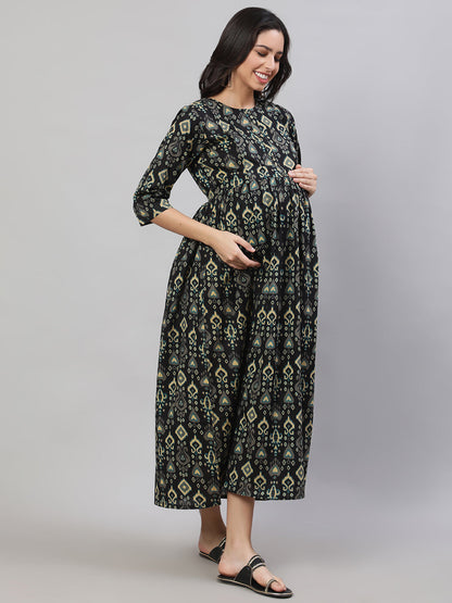 Women Black Printed Flared Maternity Dress | LASVINI - Redefining Indian Fashion with Elegance