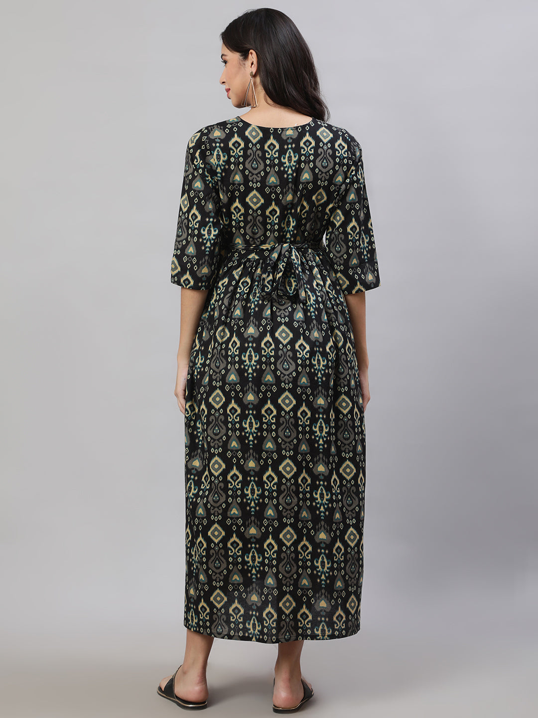 Women Black Printed Flared Maternity Dress | LASVINI - Redefining Indian Fashion with Elegance
