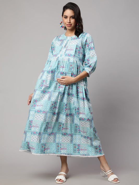 Women Sky Blue Printed Flared Maternity Dress | LASVINI - Redefining Indian Fashion with Elegance
