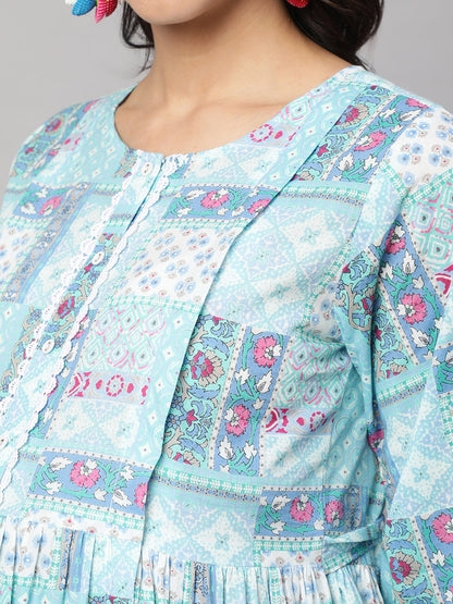 Women Sky Blue Printed Flared Maternity Dress | LASVINI - Redefining Indian Fashion with Elegance
