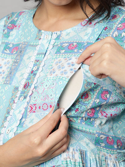 Women Sky Blue Printed Flared Maternity Dress | LASVINI - Redefining Indian Fashion with Elegance