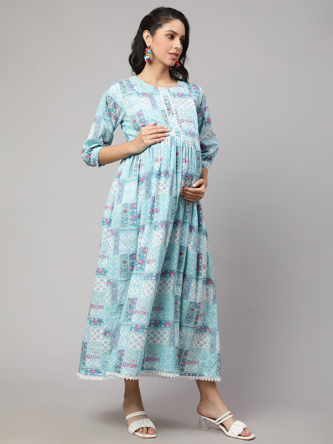 Women Sky Blue Printed Flared Maternity Dress | LASVINI - Redefining Indian Fashion with Elegance