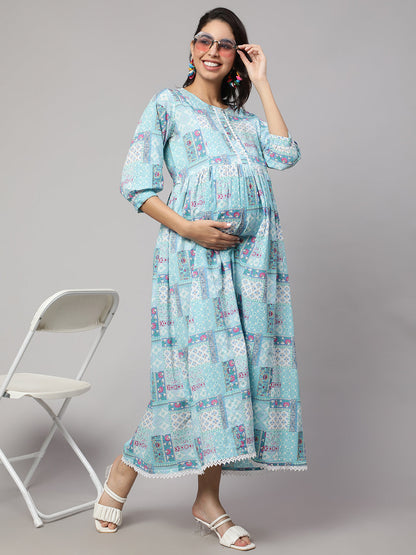 Women Sky Blue Printed Flared Maternity Dress | LASVINI - Redefining Indian Fashion with Elegance