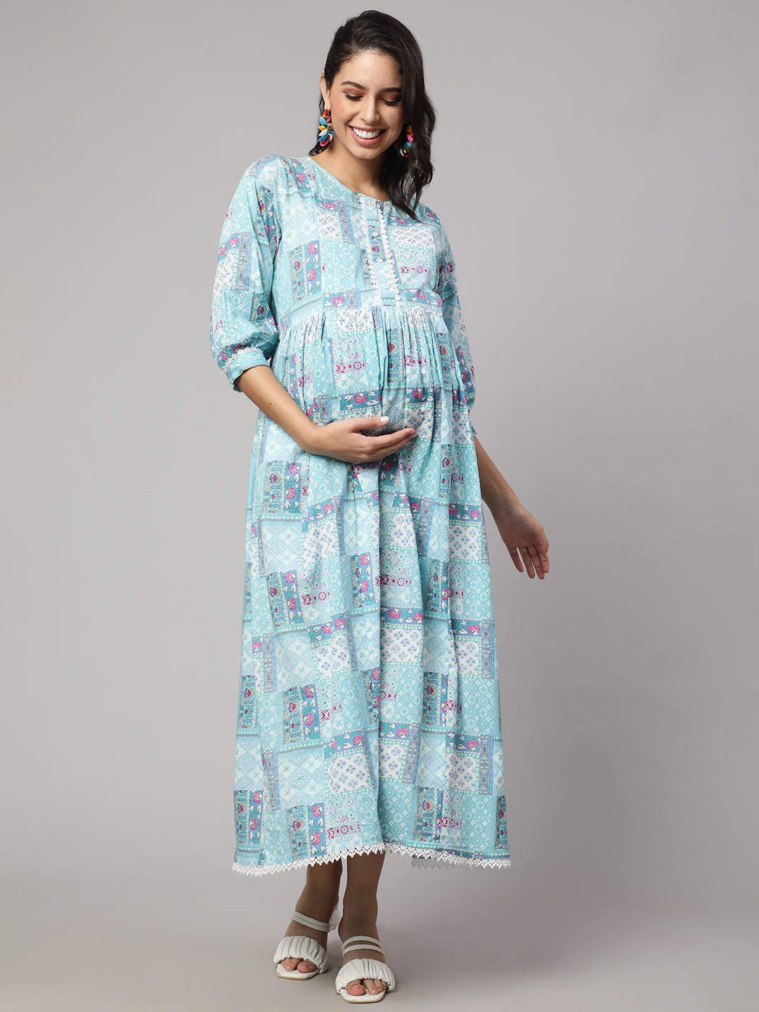 Women Sky Blue Printed Flared Maternity Dress | LASVINI - Redefining Indian Fashion with Elegance