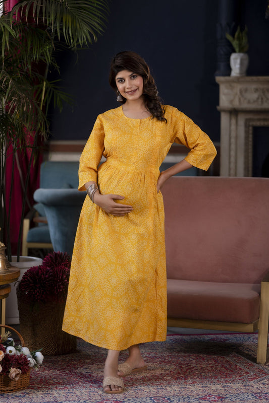 Women Yellow Printed Flared Maternity Dress | LASVINI - Redefining Indian Fashion with Elegance