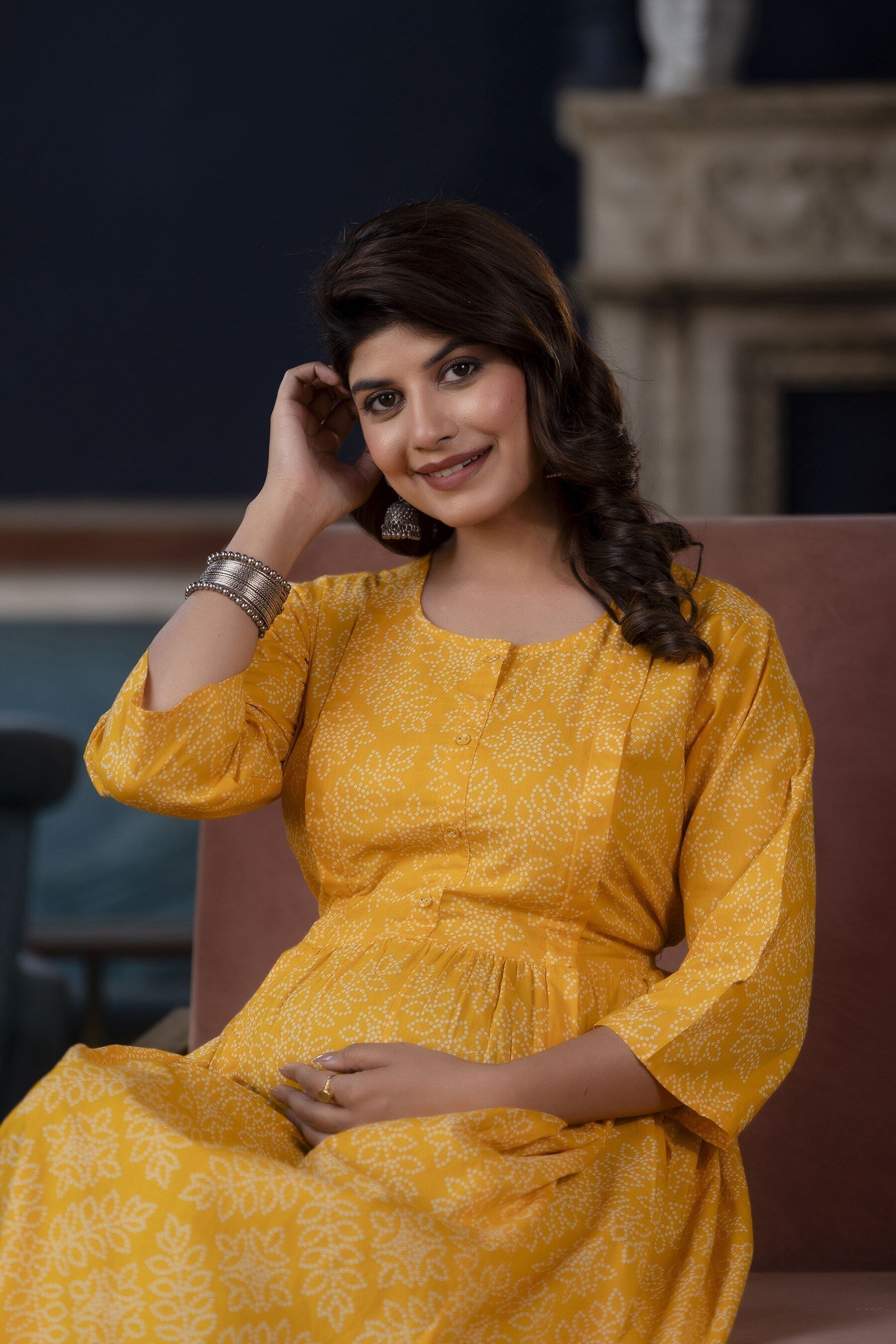 Women Yellow Printed Flared Maternity Dress | LASVINI - Redefining Indian Fashion with Elegance