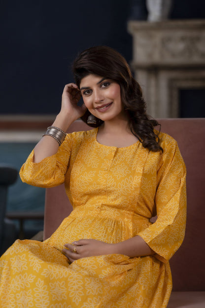 Women Yellow Printed Flared Maternity Dress | LASVINI - Redefining Indian Fashion with Elegance