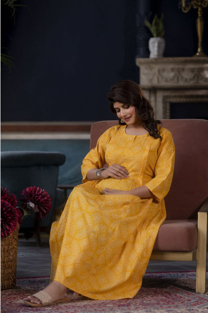 Women Yellow Printed Flared Maternity Dress | LASVINI - Redefining Indian Fashion with Elegance