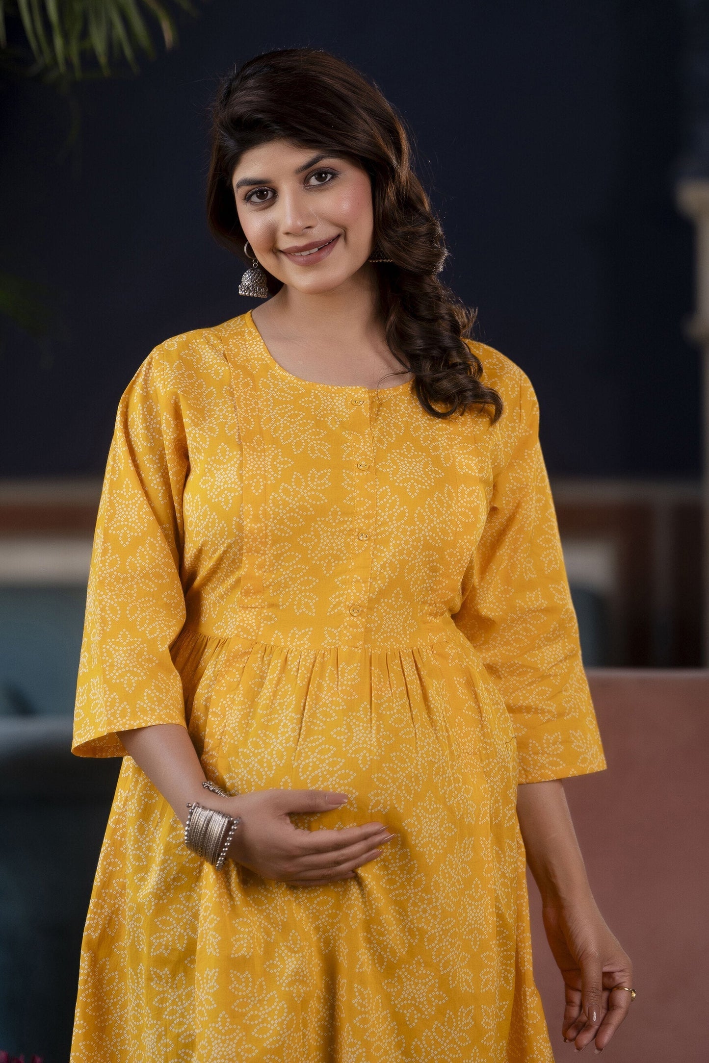 Women Yellow Printed Flared Maternity Dress | LASVINI - Redefining Indian Fashion with Elegance