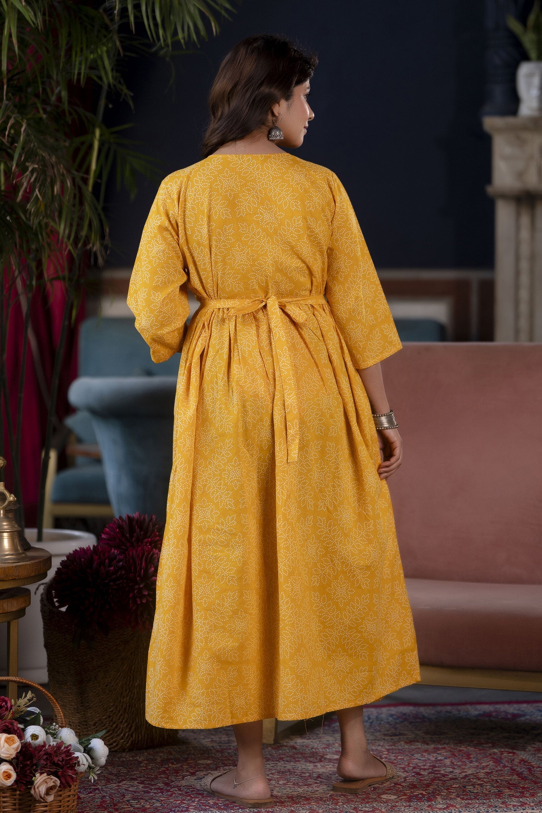 Women Yellow Printed Flared Maternity Dress | LASVINI - Redefining Indian Fashion with Elegance