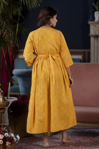 Women Yellow Printed Flared Maternity Dress | LASVINI - Redefining Indian Fashion with Elegance
