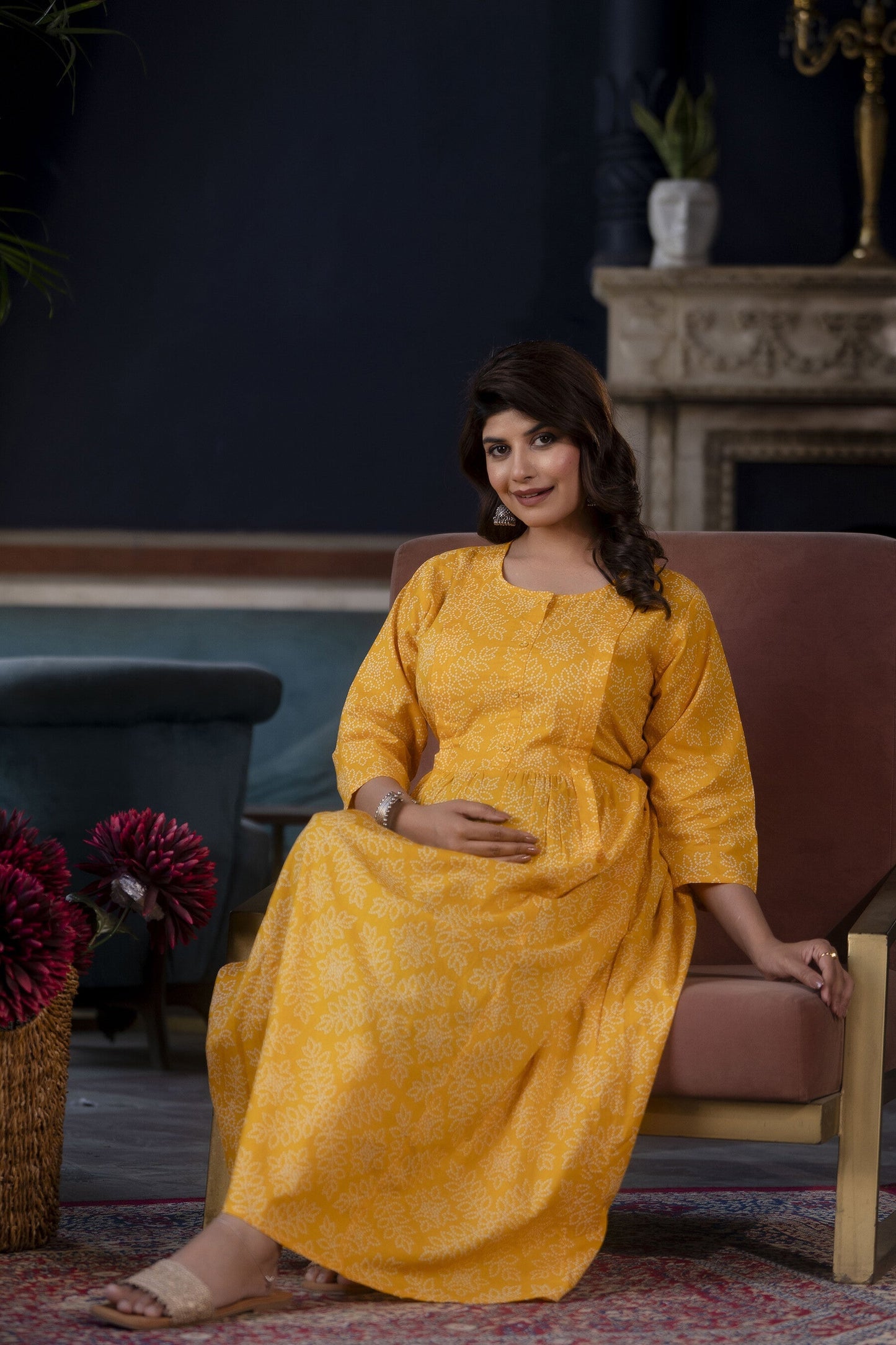 Women Yellow Printed Flared Maternity Dress | LASVINI - Redefining Indian Fashion with Elegance