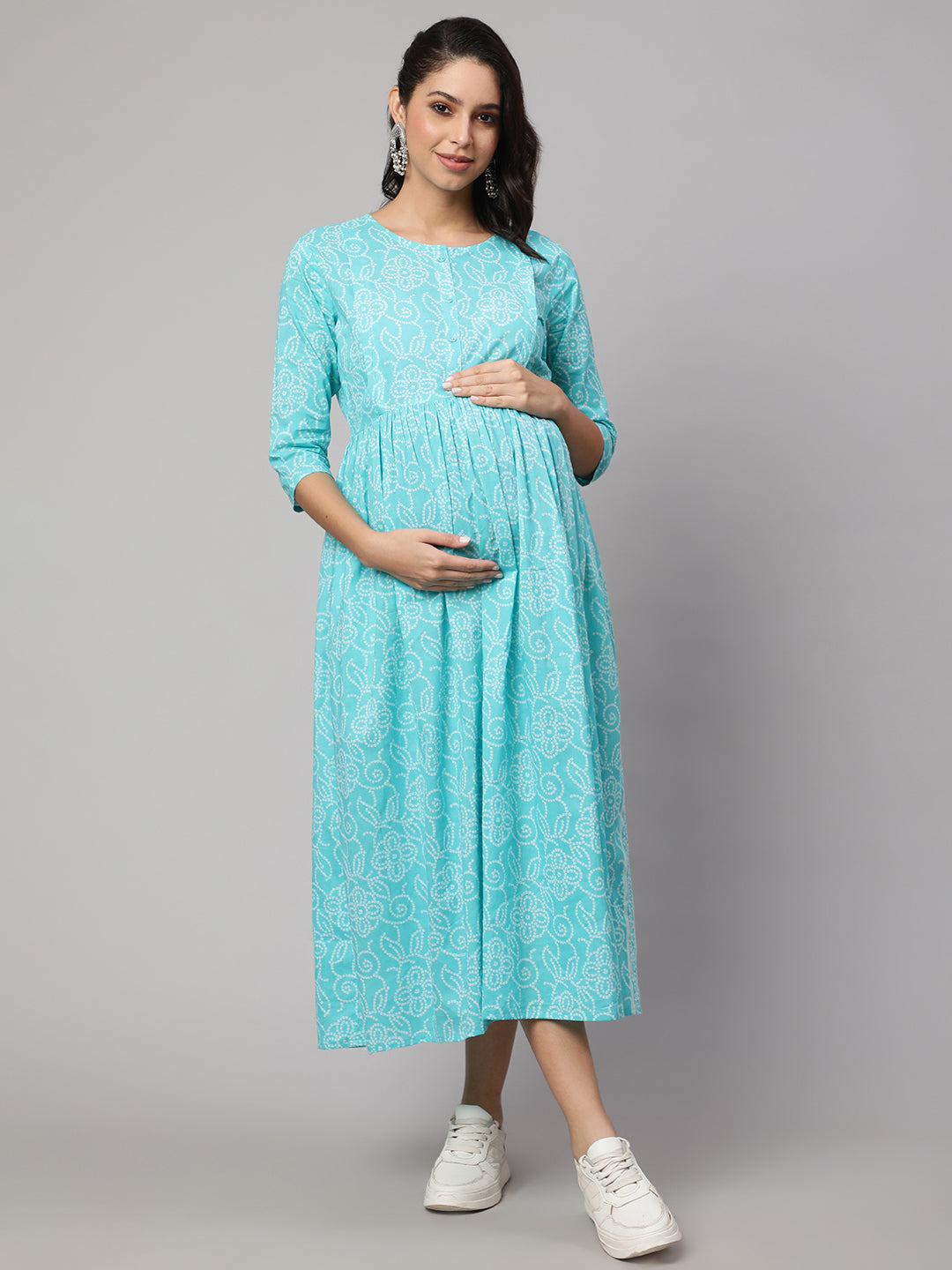 Women Sky Blue Printed Flared Maternity Dress | LASVINI - Redefining Indian Fashion with Elegance