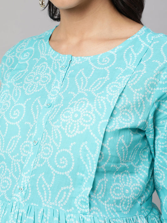 Women Sky Blue Printed Flared Maternity Dress | LASVINI - Redefining Indian Fashion with Elegance