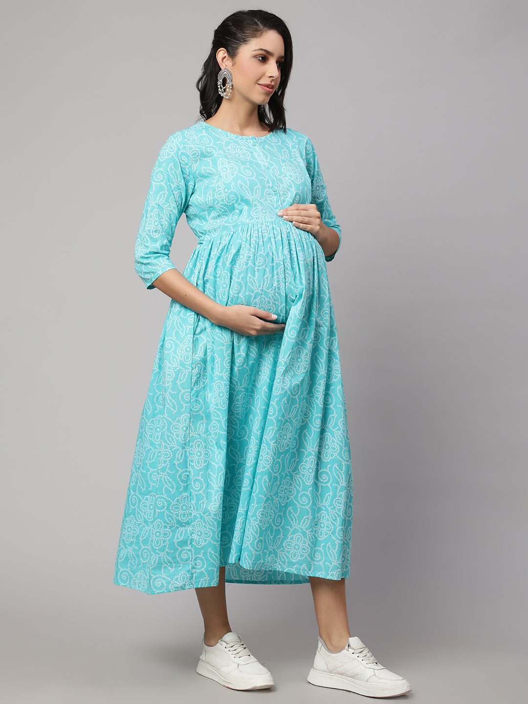 Women Sky Blue Printed Flared Maternity Dress | LASVINI - Redefining Indian Fashion with Elegance