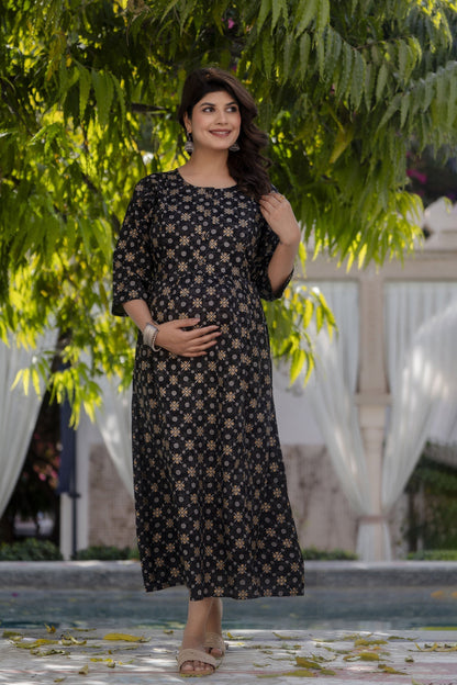 Women Black & Gold Printed Flared Maternity Dress | LASVINI - Redefining Indian Fashion with Elegance