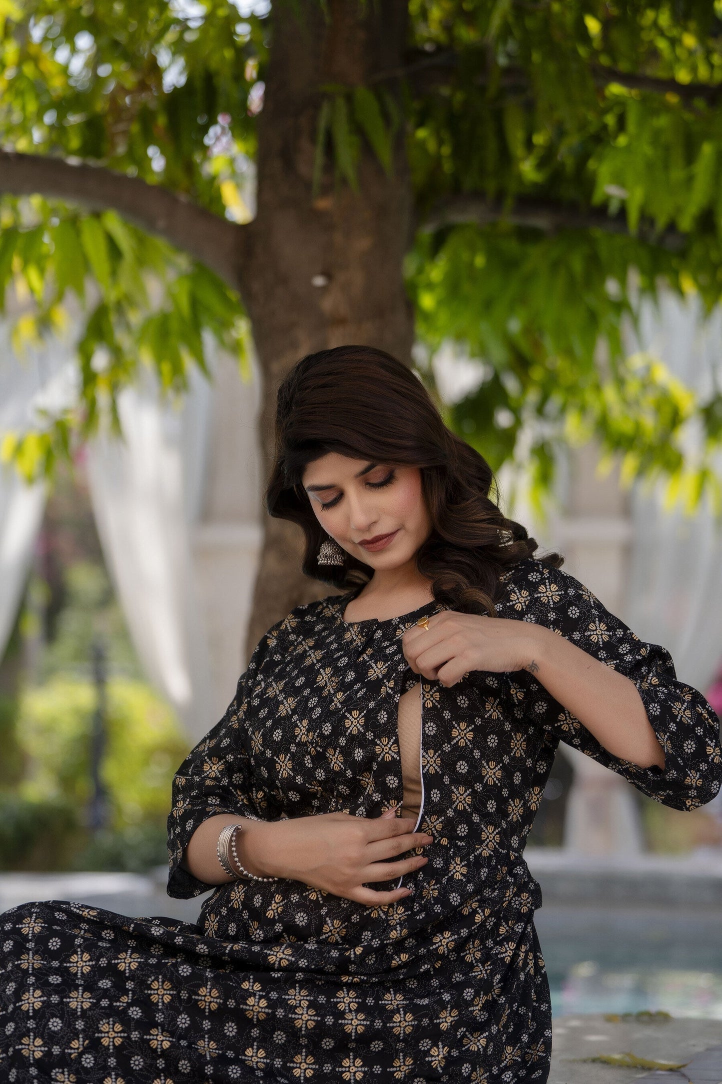 Women Black & Gold Printed Flared Maternity Dress | LASVINI - Redefining Indian Fashion with Elegance