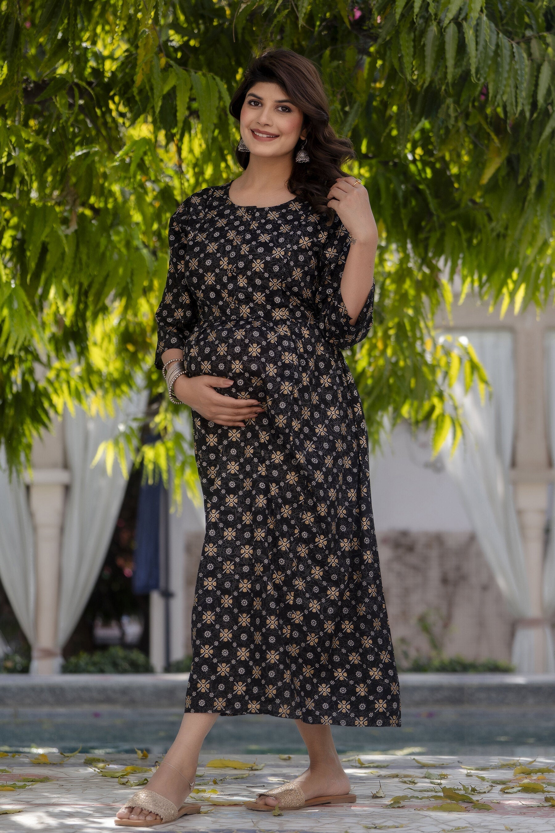 Women Black & Gold Printed Flared Maternity Dress | LASVINI - Redefining Indian Fashion with Elegance
