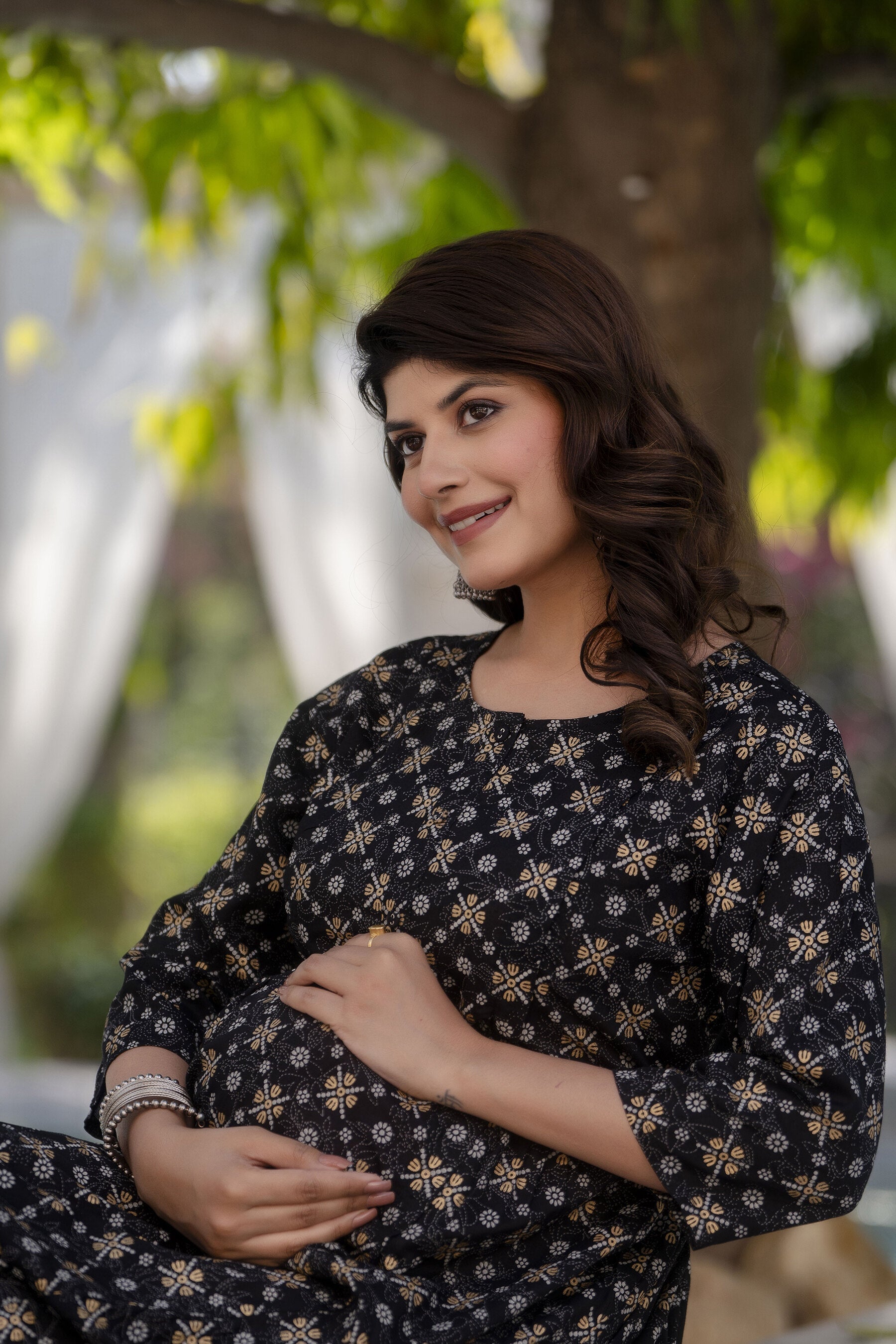 Women Black & Gold Printed Flared Maternity Dress | LASVINI - Redefining Indian Fashion with Elegance