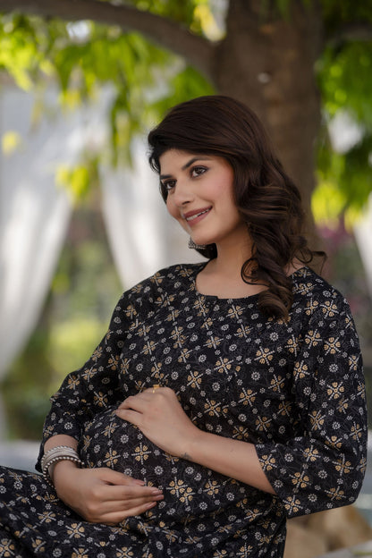 Women Black & Gold Printed Flared Maternity Dress | LASVINI - Redefining Indian Fashion with Elegance