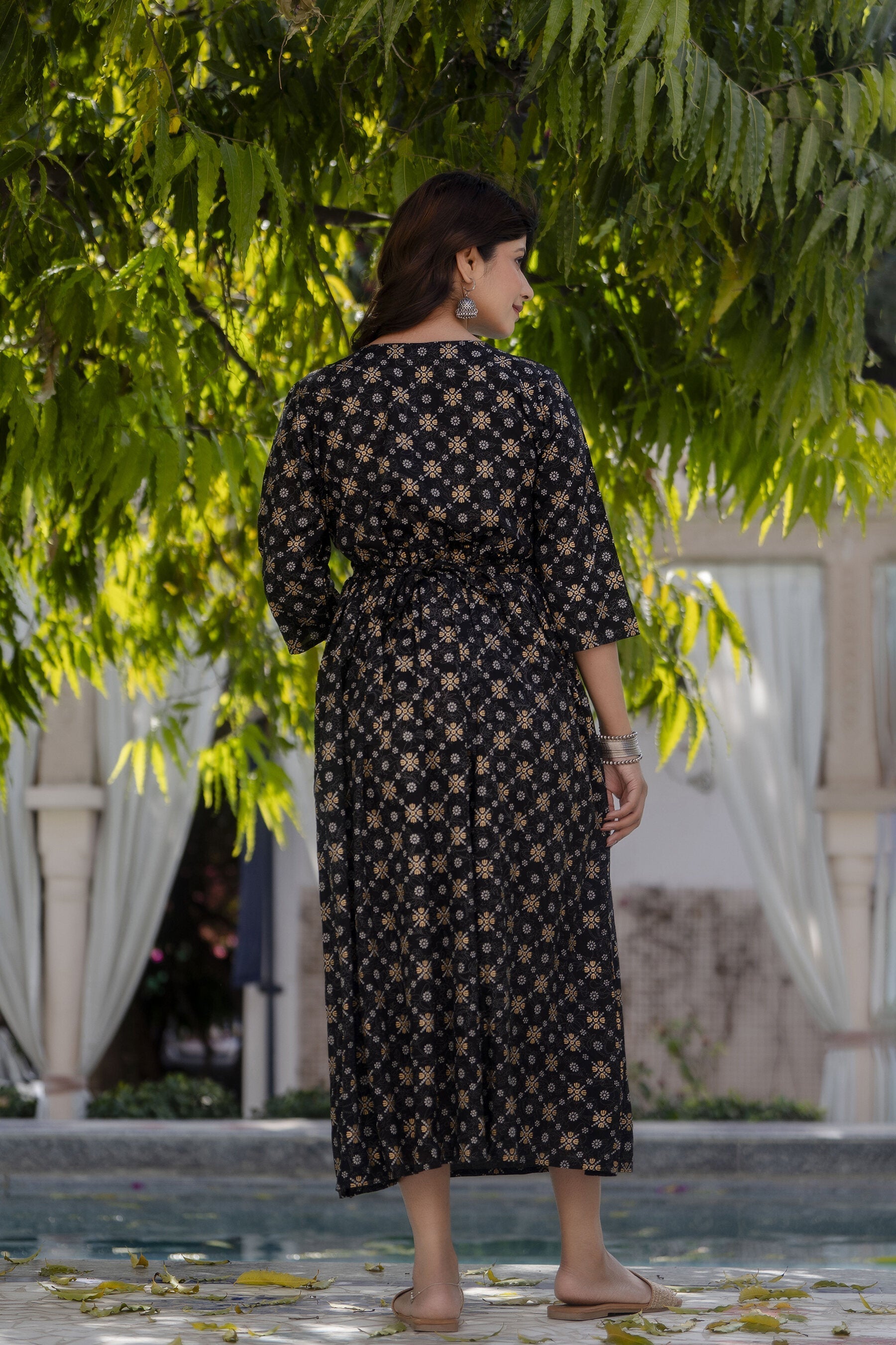 Women Black & Gold Printed Flared Maternity Dress | LASVINI - Redefining Indian Fashion with Elegance