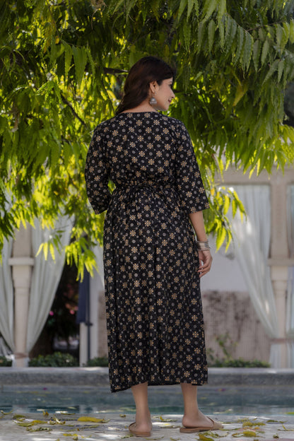 Women Black & Gold Printed Flared Maternity Dress | LASVINI - Redefining Indian Fashion with Elegance