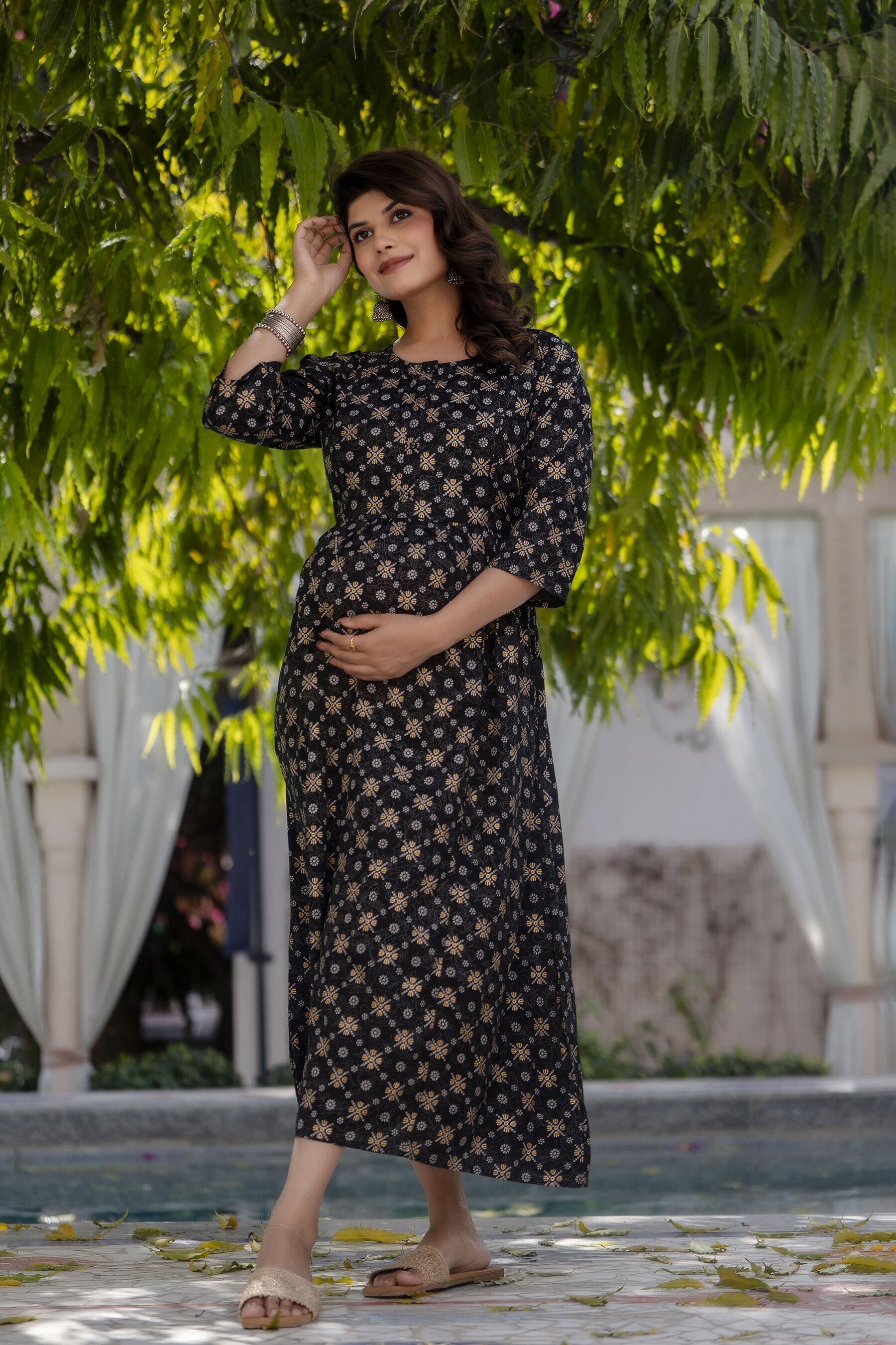 Women Black & Gold Printed Flared Maternity Dress | LASVINI - Redefining Indian Fashion with Elegance