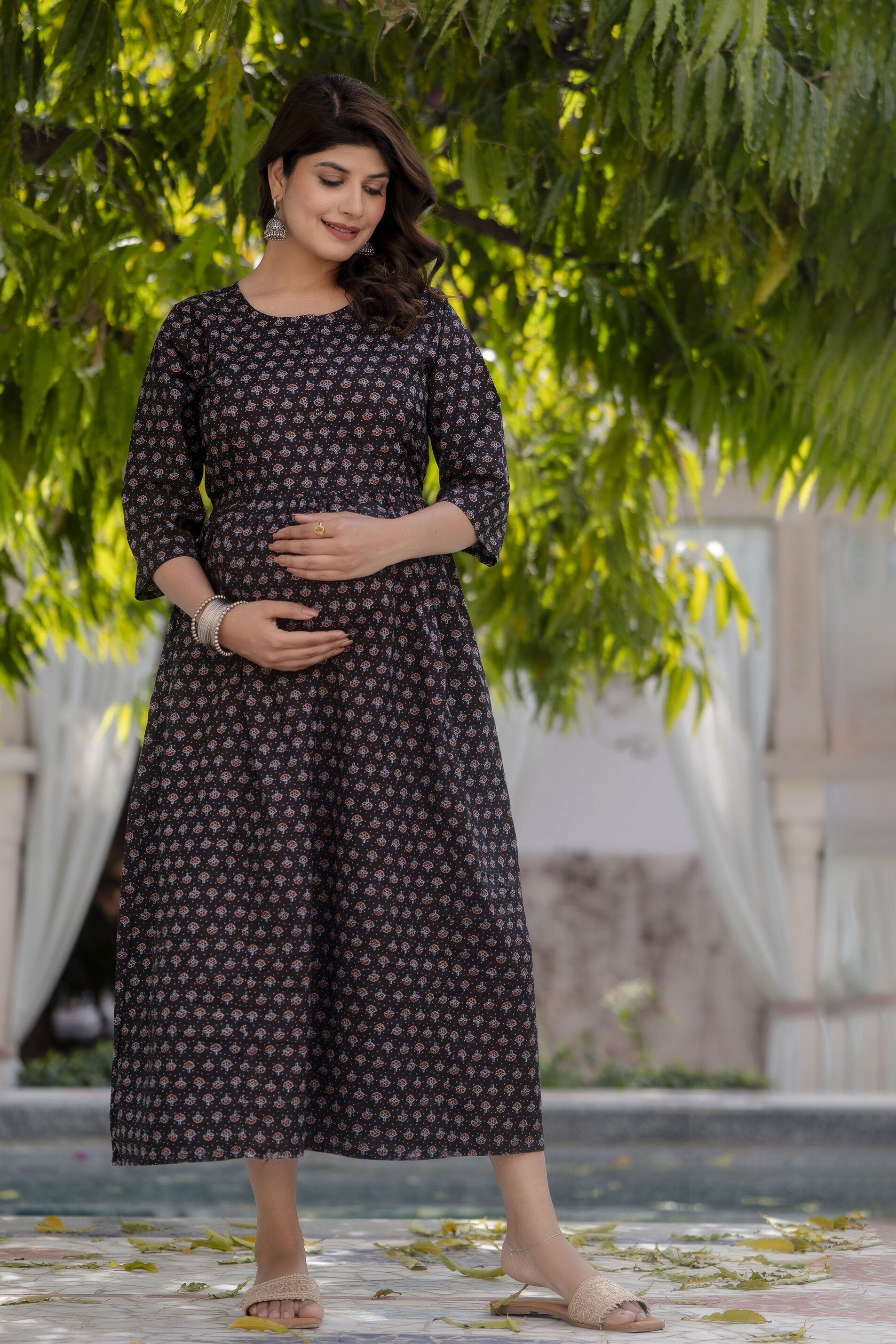 Women Black Printed Flared Maternity Dress | LASVINI - Redefining Indian Fashion with Elegance
