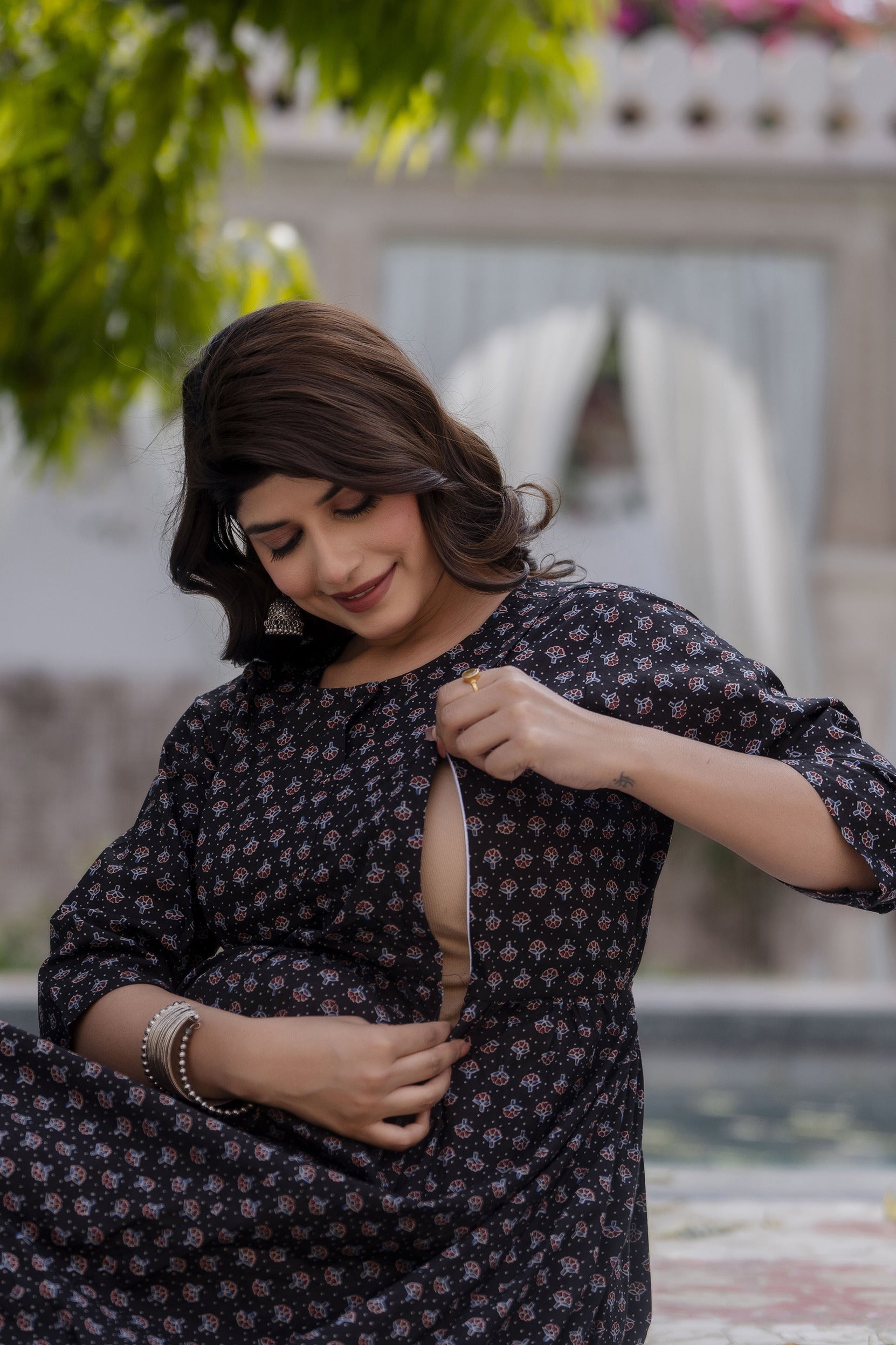 Women Black Printed Flared Maternity Dress | LASVINI - Redefining Indian Fashion with Elegance