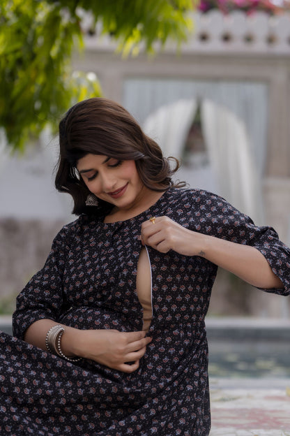 Women Black Printed Flared Maternity Dress | LASVINI - Redefining Indian Fashion with Elegance