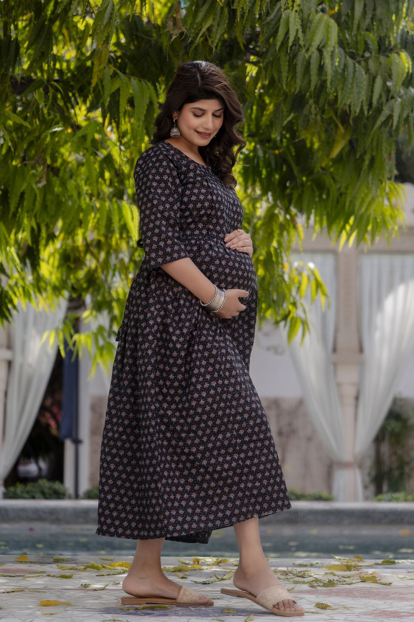 Women Black Printed Flared Maternity Dress | LASVINI - Redefining Indian Fashion with Elegance