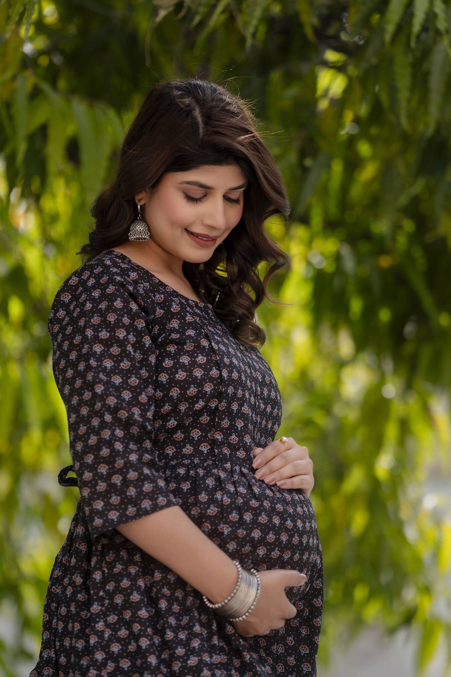 Women Black Printed Flared Maternity Dress | LASVINI - Redefining Indian Fashion with Elegance