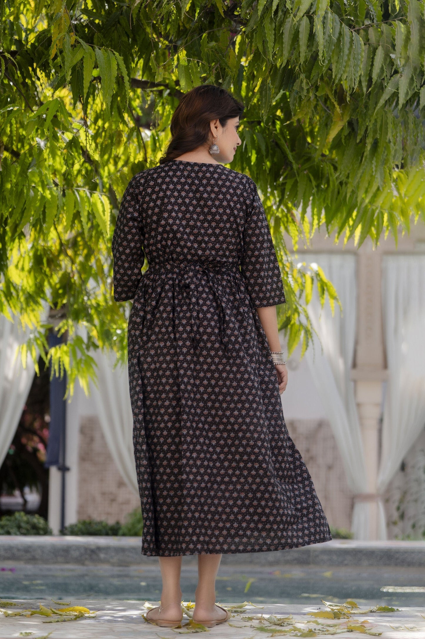 Women Black Printed Flared Maternity Dress | LASVINI - Redefining Indian Fashion with Elegance