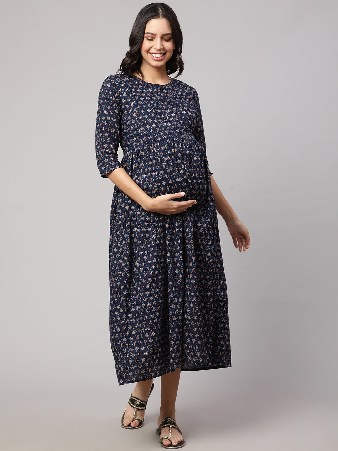 Women Navy Blue Printed Flared Maternity Dress | LASVINI - Redefining Indian Fashion with Elegance