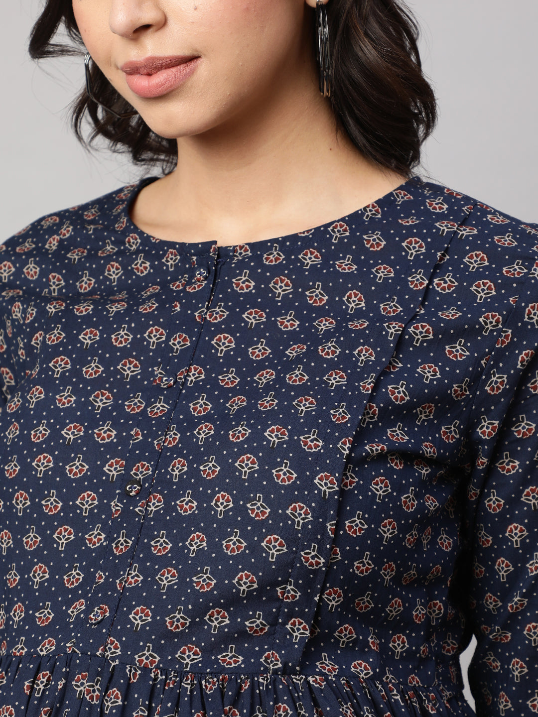 Women Navy Blue Printed Flared Maternity Dress | LASVINI - Redefining Indian Fashion with Elegance