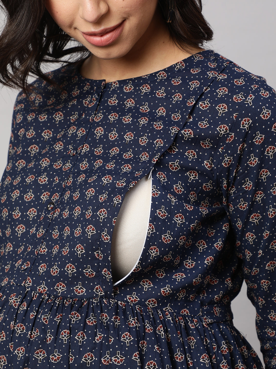 Women Navy Blue Printed Flared Maternity Dress | LASVINI - Redefining Indian Fashion with Elegance