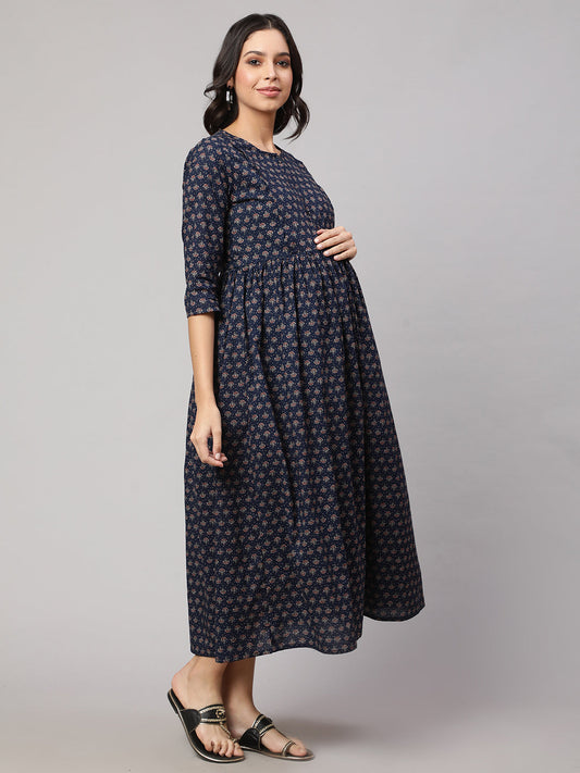 Women Navy Blue Printed Flared Maternity Dress | LASVINI - Redefining Indian Fashion with Elegance