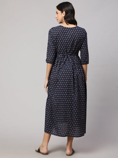 Women Navy Blue Printed Flared Maternity Dress | LASVINI - Redefining Indian Fashion with Elegance