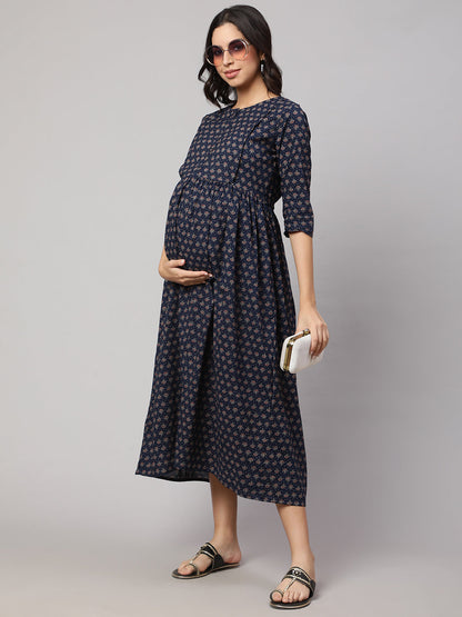Women Navy Blue Printed Flared Maternity Dress | LASVINI - Redefining Indian Fashion with Elegance
