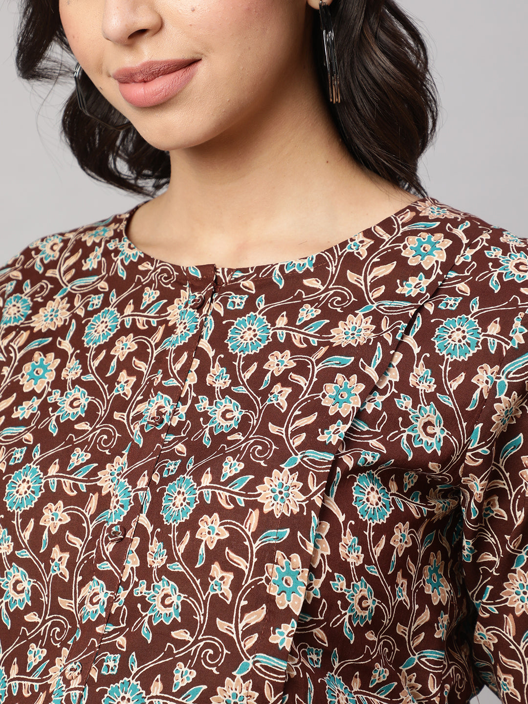 Women Brown Floral Printed Flared Maternity Dress | LASVINI - Redefining Indian Fashion with Elegance