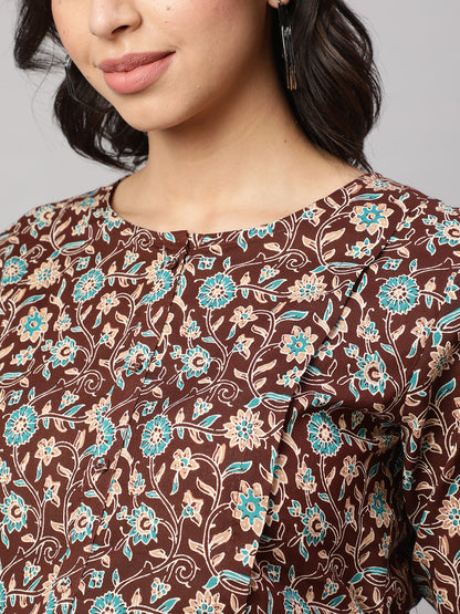 Women Brown Floral Printed Flared Maternity Dress | LASVINI - Redefining Indian Fashion with Elegance