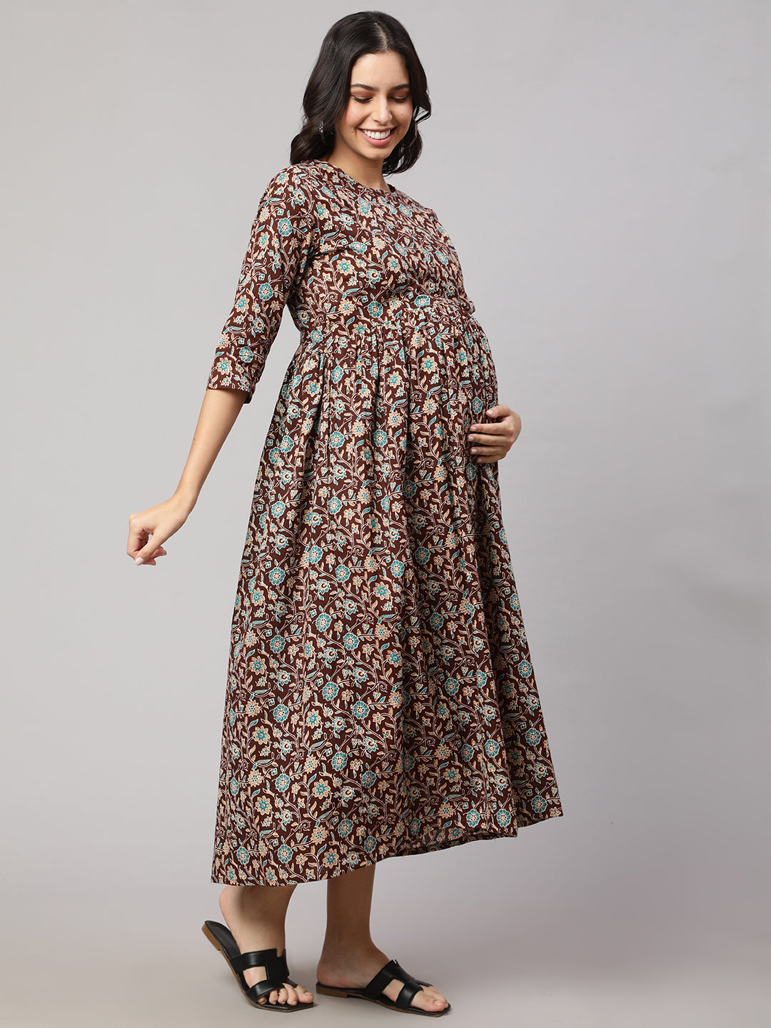 Women Brown Floral Printed Flared Maternity Dress | LASVINI - Redefining Indian Fashion with Elegance