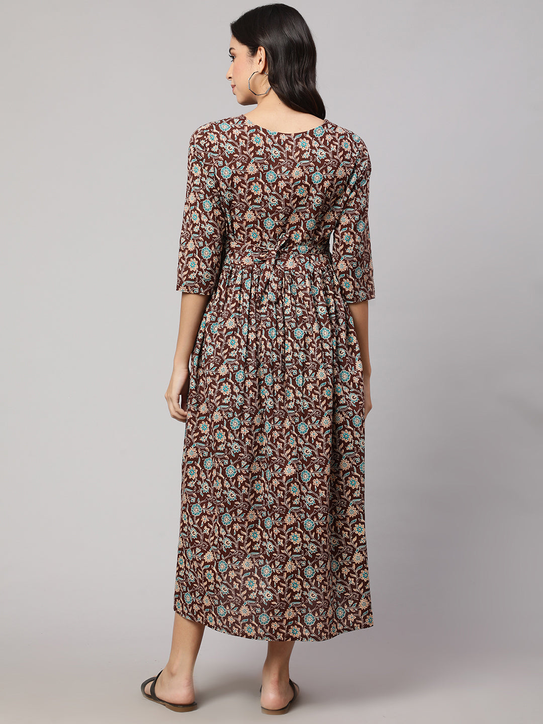 Women Brown Floral Printed Flared Maternity Dress | LASVINI - Redefining Indian Fashion with Elegance